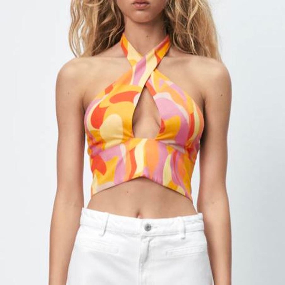 Zara Linen blend printed Cropped Top